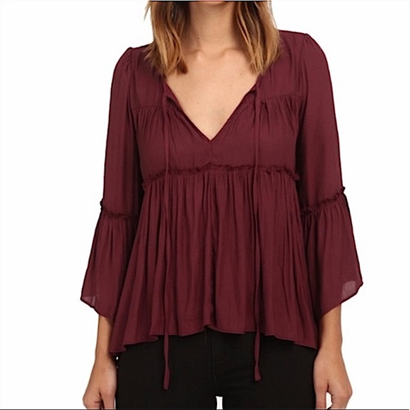 Free People Tops - FREE PEOPLE sheer burgundy bell sleeve peasant top size small